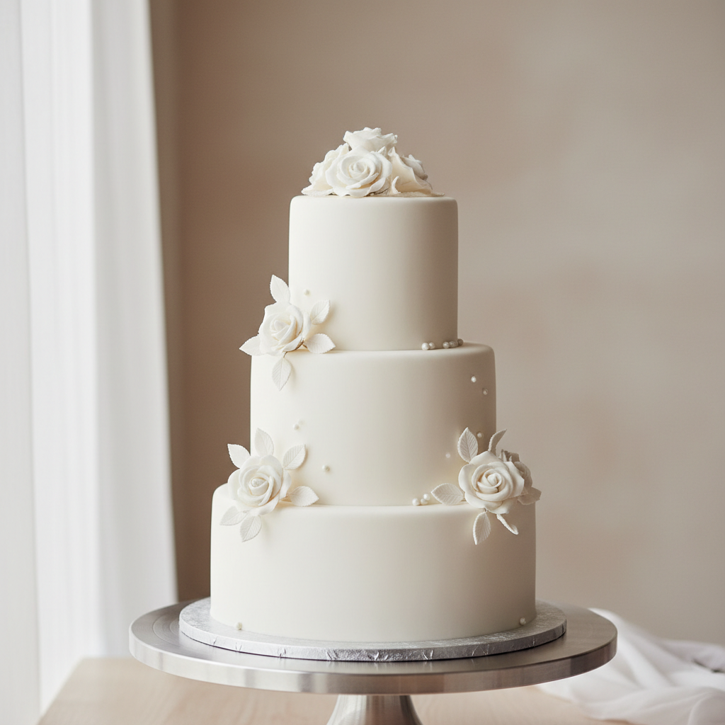 A three-tier white wedding cake decorated with fresh flowers on a table.