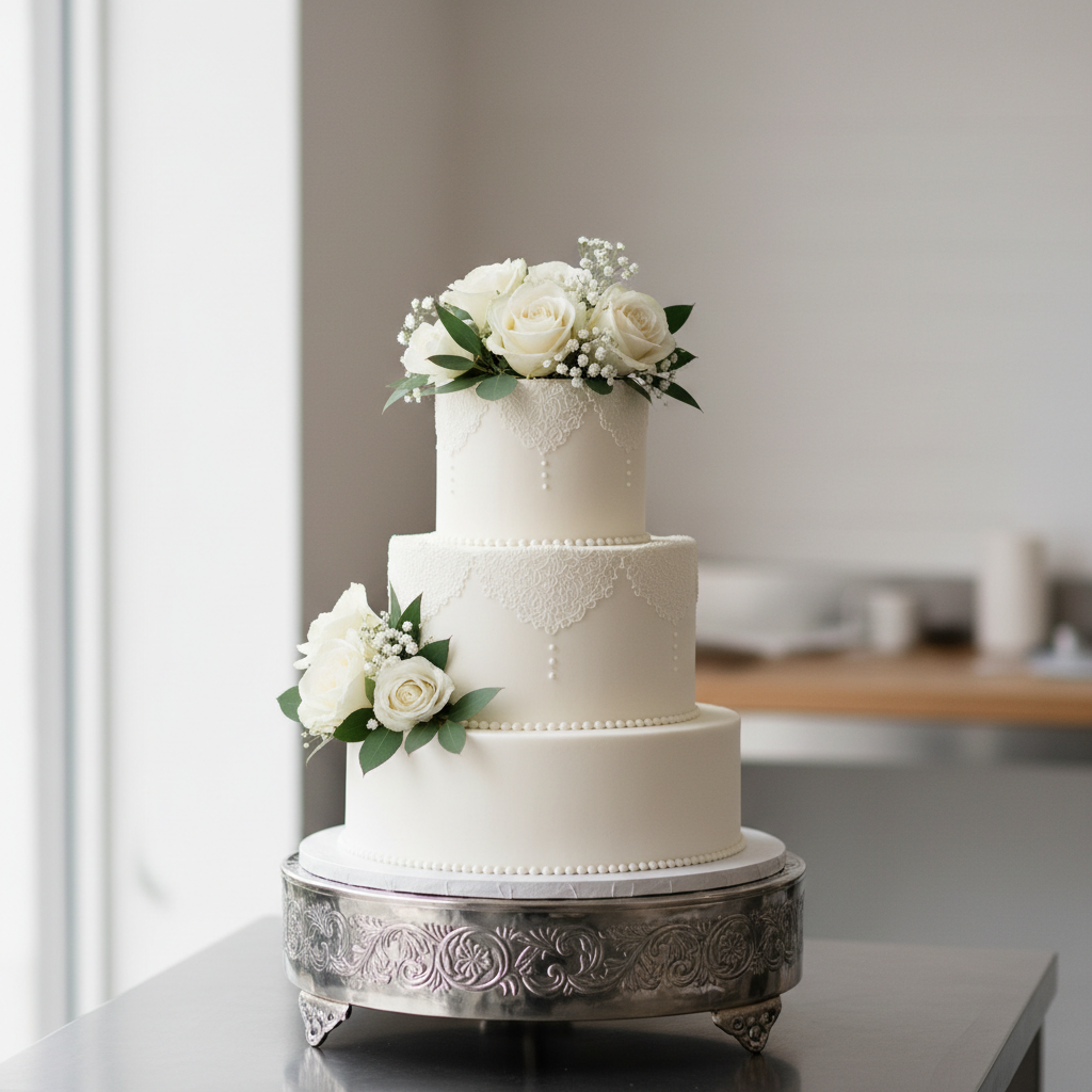 A beautiful three-tier white wedding cake decorated with subtle floral piping on a display table.