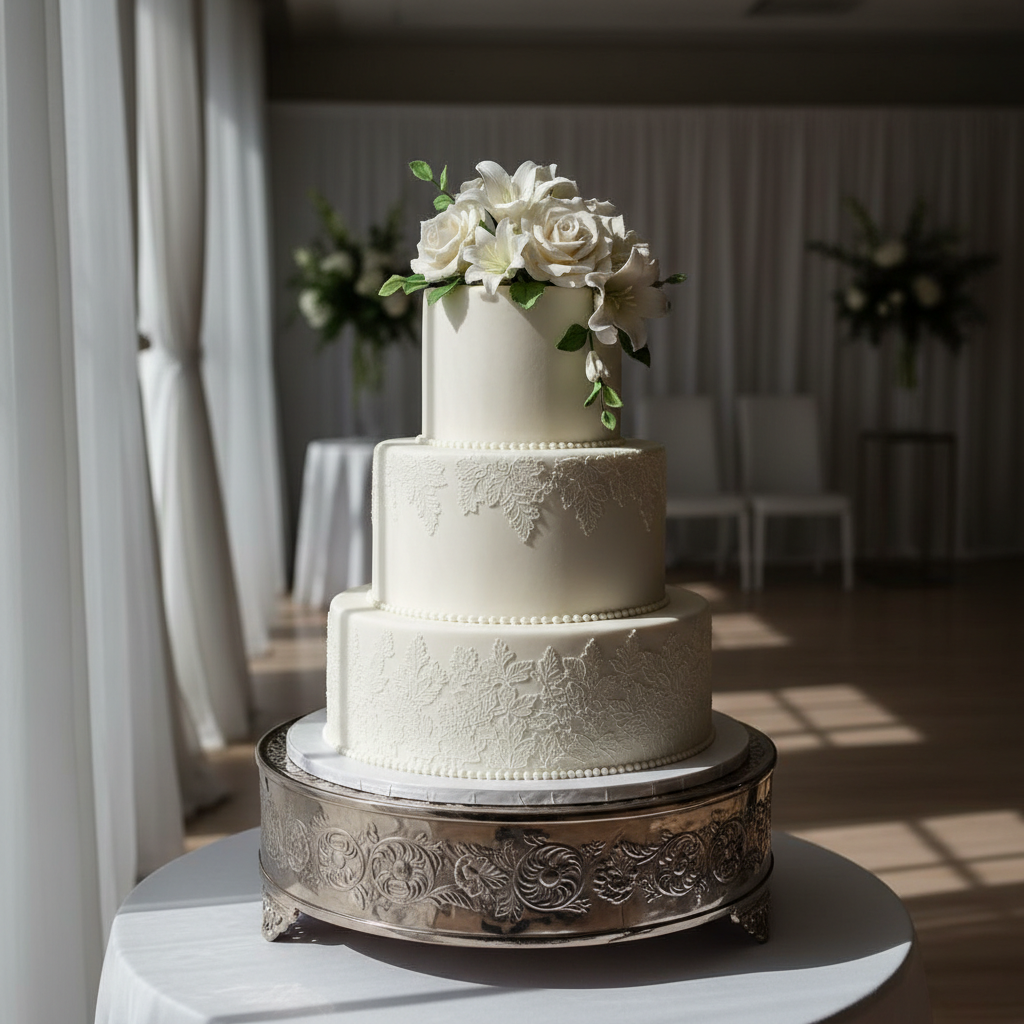 A three-tier white wedding cake decorated with fresh flowers displayed on a table.