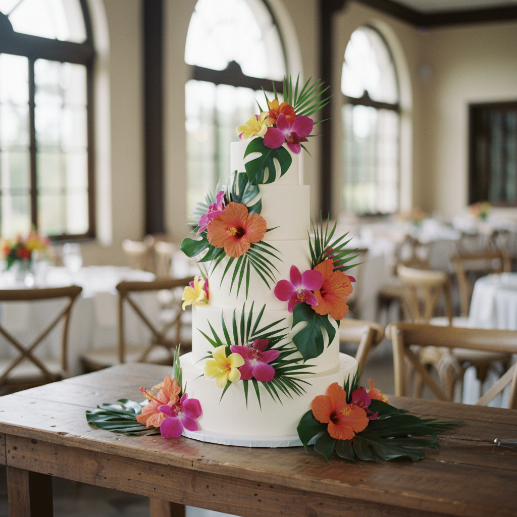 A three-tiered elegant white wedding cake decorated with fresh tropical flowers on a wooden table.