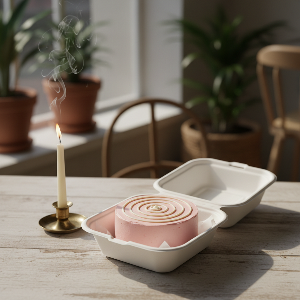 A small pastel bento cake in a white lunchbox container with a candle.