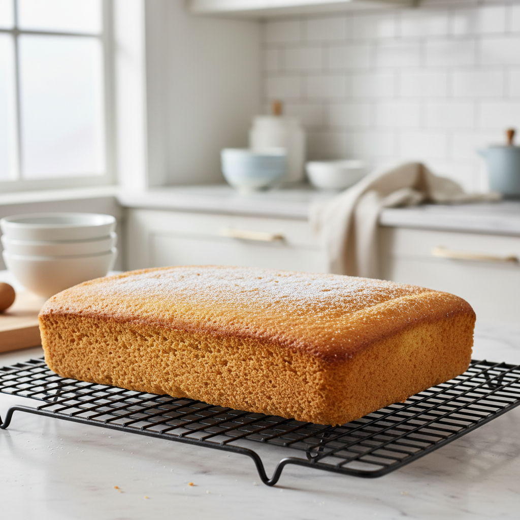 A freshly baked golden sponge cake sitting on a cooling rack with a perfectly level top.