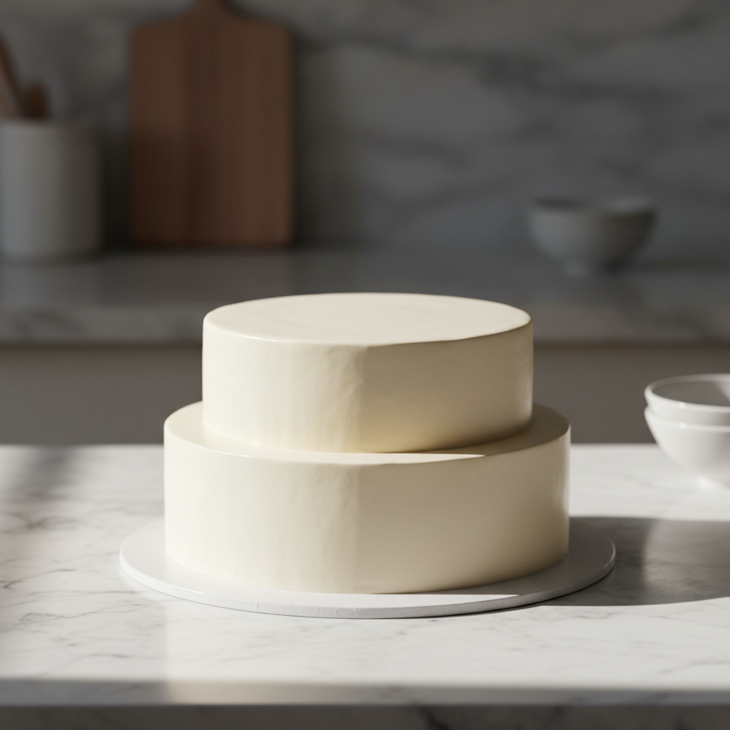 A professional chocolate ganache cake with incredibly sharp edges on a marble stand.