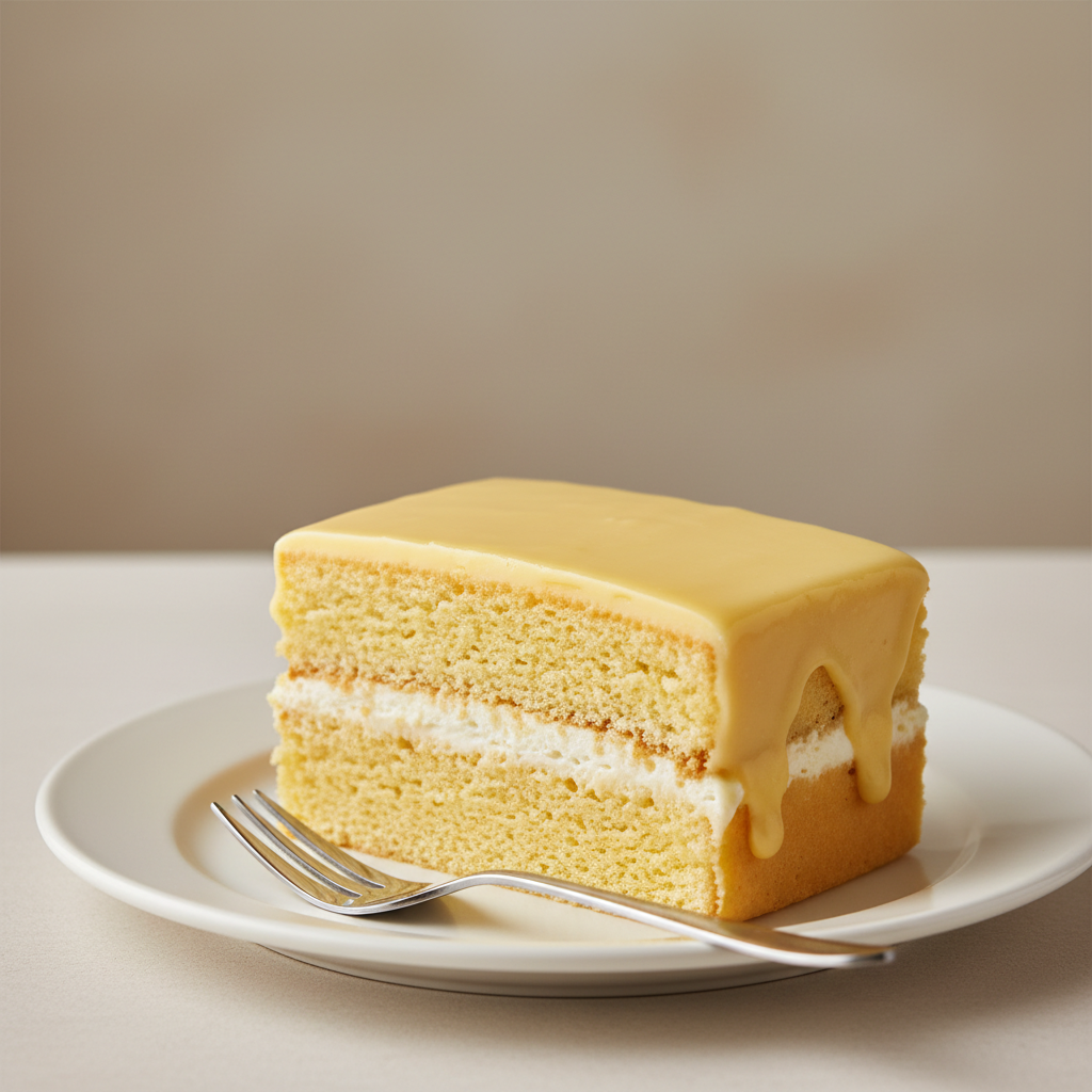 A close up of a slice of layered sponge cake with thick, smooth yellow icing on a white plate.