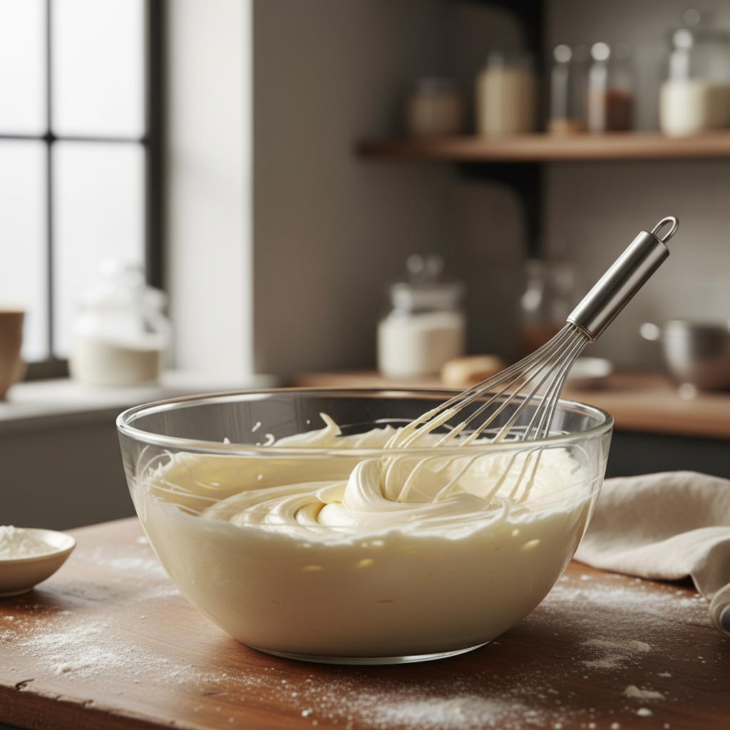 A close up shot of silky vanilla buttercream being swirled on top of a cake bowl.